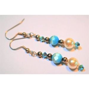 Swarovski Bicone Crystal, White Pearl and Blue Faceted Cats Eye Earrings